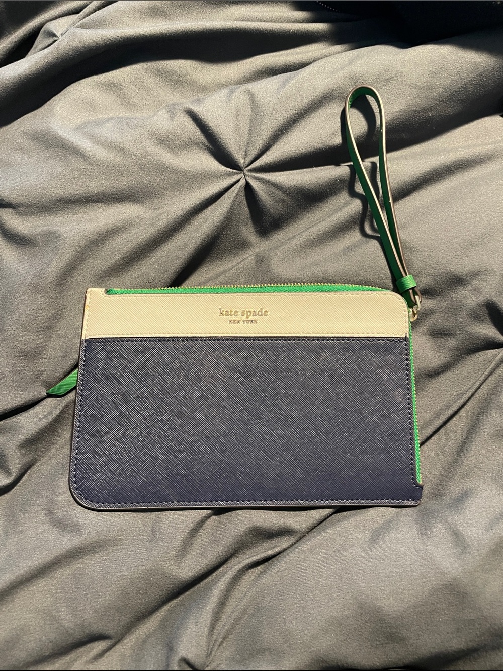 kate spade navy, cream & green leather wristlet clutch